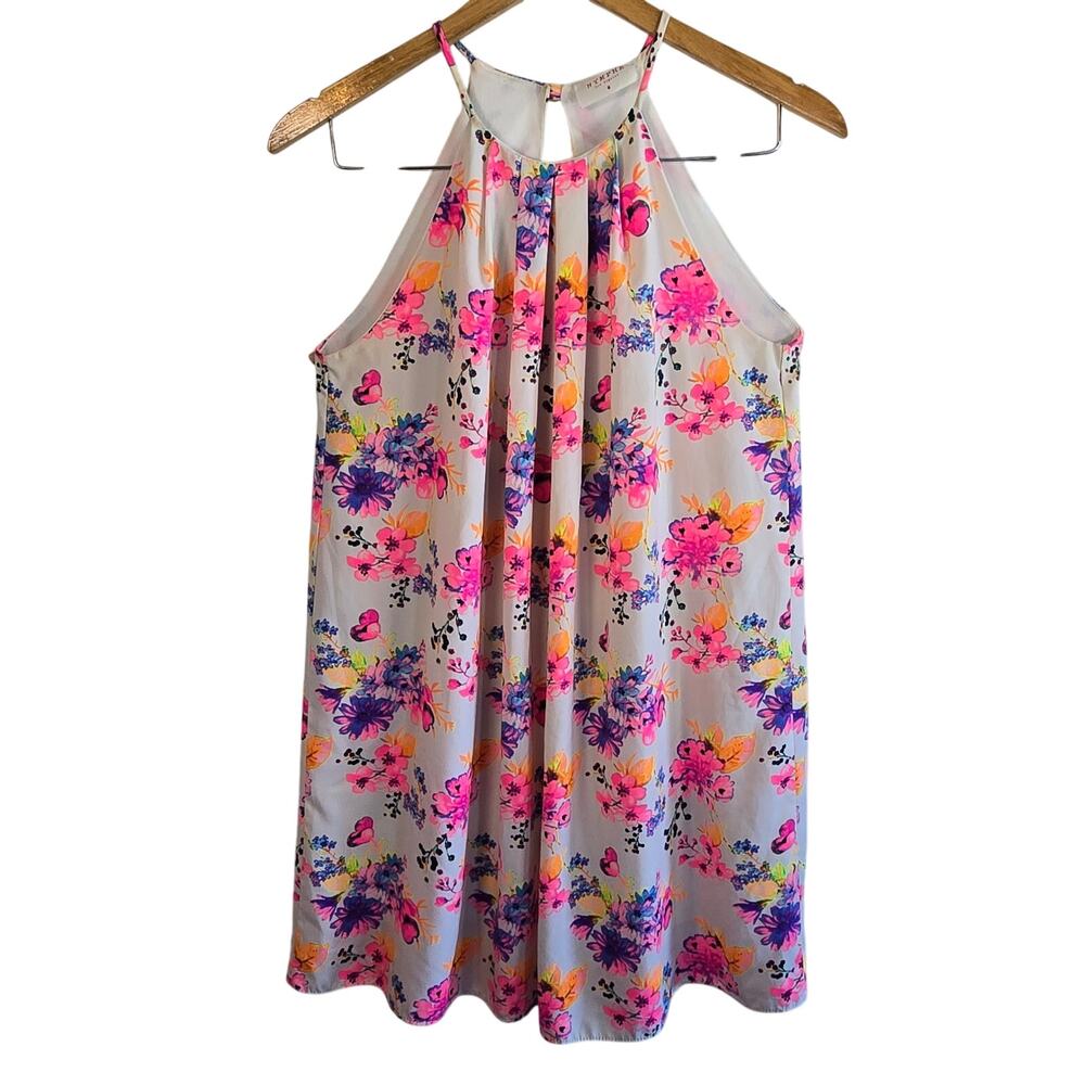 Size M Neon Floral Bohemian Shift Dress Sleeveless Spring Mini